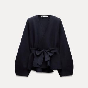 Zara BELTED SHOULDER PAD KNIT BLAZER