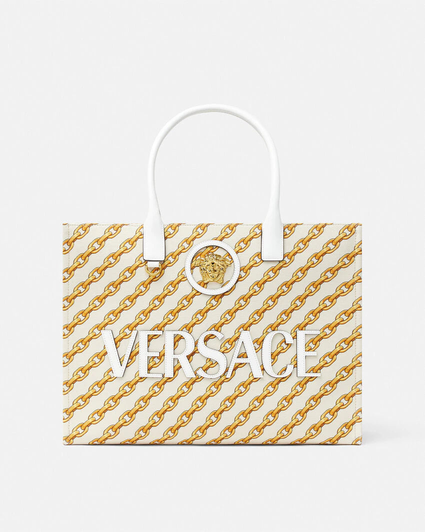 VERSACE CHAIN STRIPES LA MEDUSA LARGE TOTE BAG