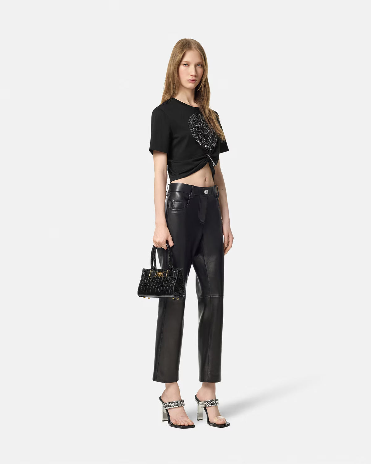 Versace Embellished Medusa Safety Pin Crop T-Shirt - Image 3