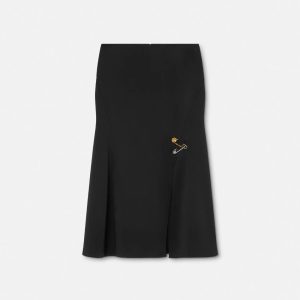 VERSACE SAFETY PIN FLOWY SATIN MIDI SKIRT
