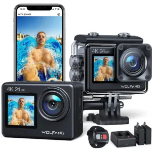 WOLFANG Action Camera 24MP 4K 40M Waterproof, EIS WiFi Adjustable Wide Angle