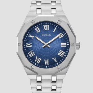Guess Silver-Tone and Blue Octagonal Analog Watch
