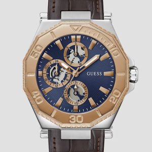 Guess Two-Tone and Brown Crocodile-Embossed Leather Multifunction Watch