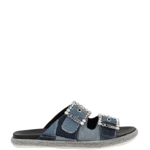Guess Funzya Embellished Two-Strap Denim Slides