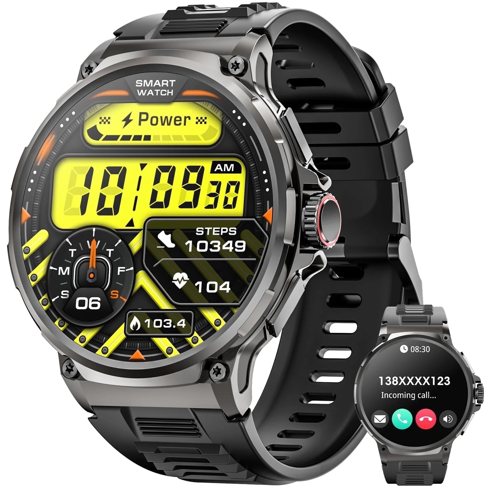 Mingdaln 2025 New 1.85 inch Men's Military Smart Watch fits for Android and Iphone Devices (Black)