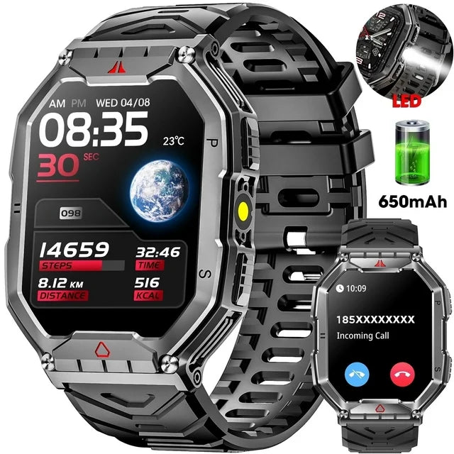 Mingdaln 2.1-Inch Men's Military Smartwatch with Fitness Tracker, Answer/Dial/100+ Sport Modes, 1ATM Water Resistant, Mountain Travel Pedometer Watch fits for Android and IPhone Devices (Black)