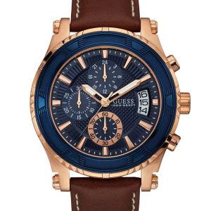 Guess Brown and Rose Gold-Tone Leather Sport Watch