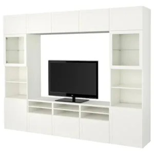 IKEA BESTÅ TV storage combination/glass doors, white/Hanviken white clear glass, 118 1/8x16 1/2x91 "
