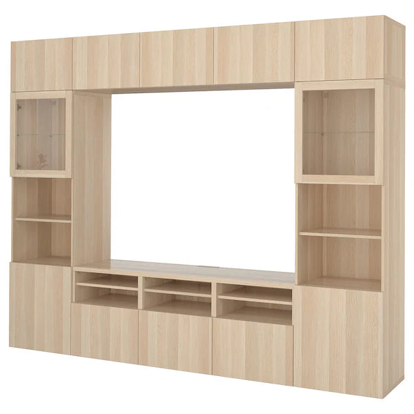 IKEA BESTÅ TV storage combination/glass doors, white stained oak effect/Lappviken wht stained oak effect clear glass, 118 1/8x16 1/2x91 "