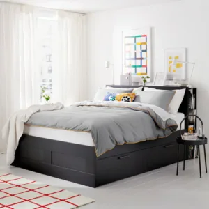 IKEA BRIMNES Bed frame with storage & headboard, black/Luröy, Queen