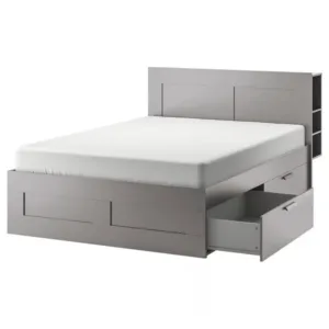 IKEA BRIMNES Bed frame with storage & headboard, gray/Luröy, Queen