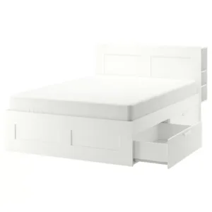 IKEA BRIMNES Bed frame with storage & headboard, white/Luröy, Queen