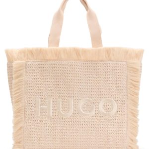HUGO LOGO-EMBROIDERED RAFFIA-EFFECT TOTE BAG WITH FRINGE TRIMS