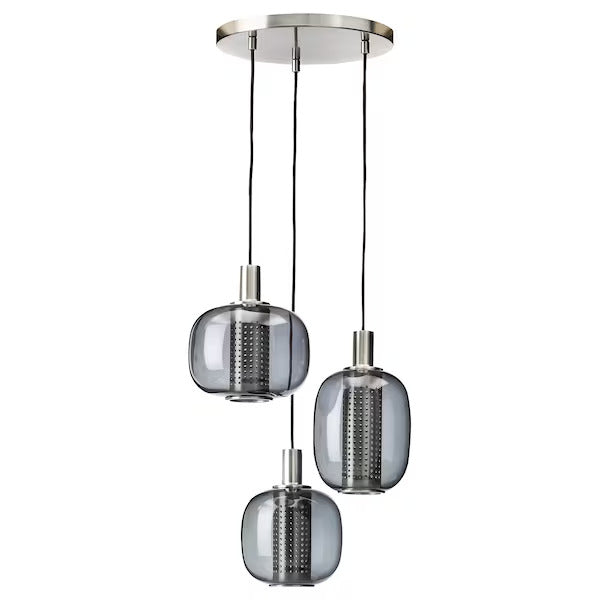 IKEA HÖGVIND Pendant lamp with 3 lamps, nickel plated/gray glass, 16 "