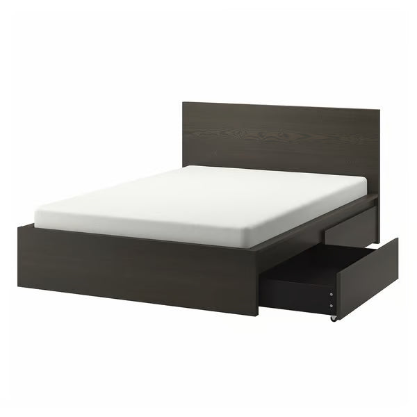 IKEA MALM High bed frame/2 storage boxes, dark brown veneer/Luröy, Queen