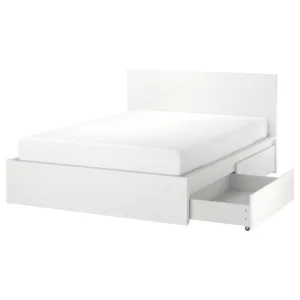 IKEA MALM High bed frame/2 storage boxes, white/Luröy, Queen