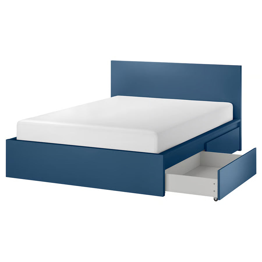 IKEA MALM High bed frame/4 storage boxes, blue/Luröy, Queen
