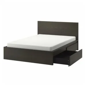 IKEA MALM High bed frame/4 storage boxes, dark brown veneer/Luröy, Queen