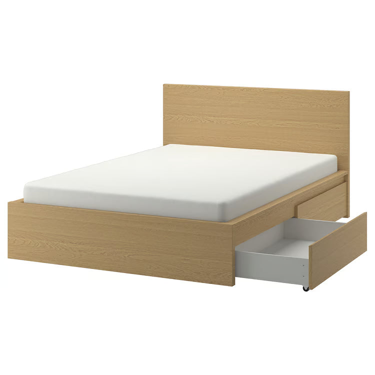IKEA MALM High bed frame/4 storage boxes, oak veneer/Luröy, Queen