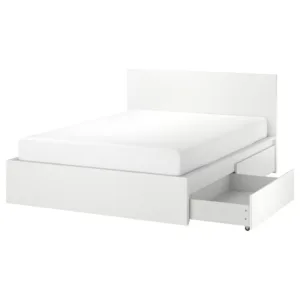 IKEA MALM High bed frame/4 storage boxes, white/Luröy, Queen