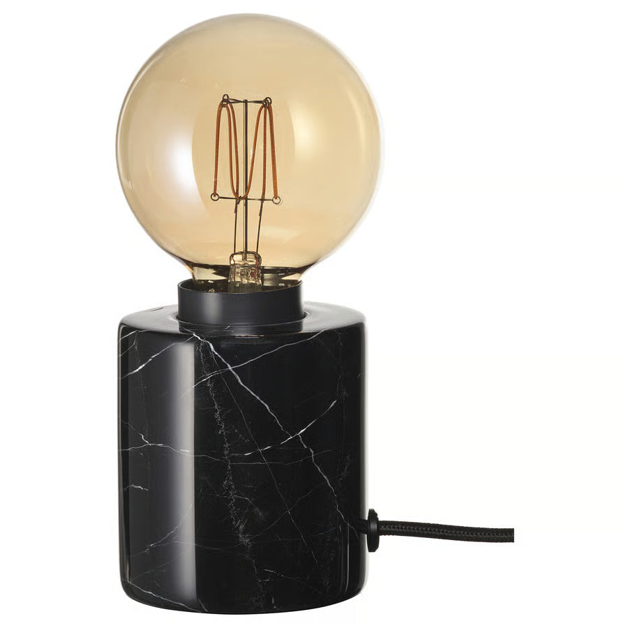 IKEA MARKFROST / MOLNART Table lamp with LED bulb, marble black/globe brown clear glass