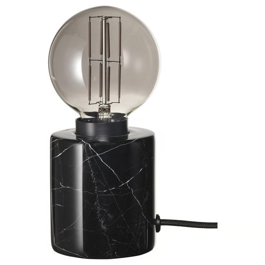 IKEA MARKFROST / MOLNART Table lamp with LED bulb, marble black/globe gray clear glass