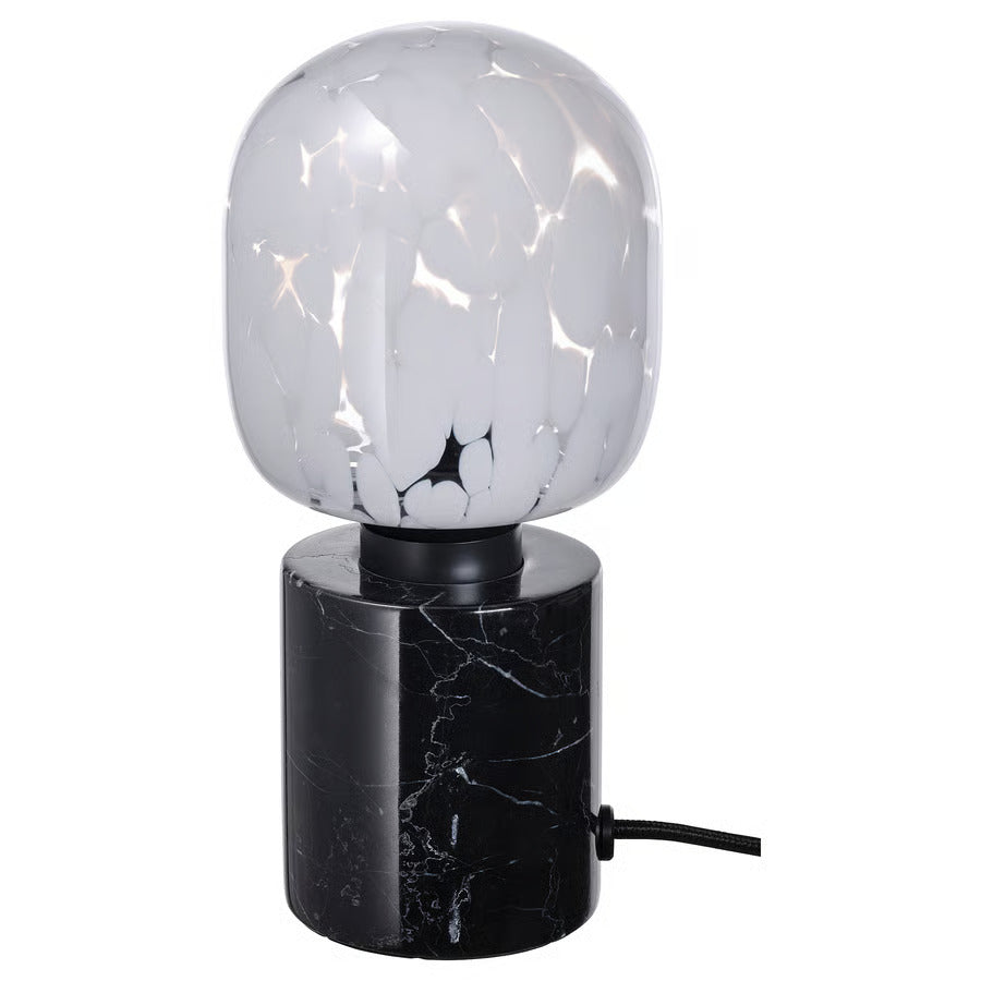 IKEA MARKFROST / MOLNART Table lamp with LED bulb, marble black/tube-shaped white/clear glass