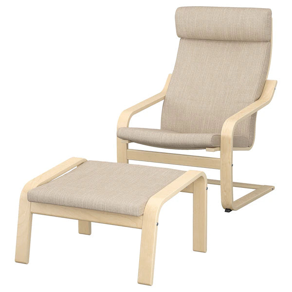 IKEA POÄNG Armchair and ottoman, birch veneer/Hillared beige