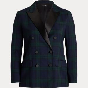 Ralph Lauren Plaid Double-Breasted Satin-Trim Blazer