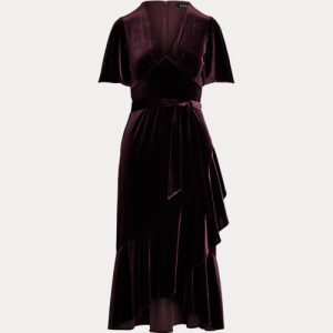 Ralph Lauren Belted Velvet Flutter-Sleeve Dress