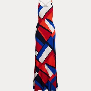 Ralph Lauren Print Ring-Trim Jersey Halter Gown