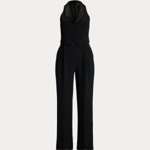 Ralph Lauren Satin-Trim Crepe Sleeveless Jumpsuit
