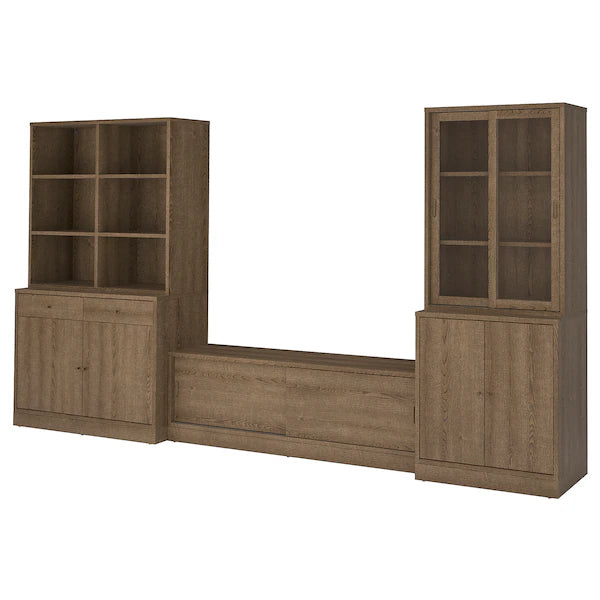 IKEA TONSTAD TV storage combination, brown stained oak veneer/clear glass, 149 7/8x18 5/8x78 7/8 "