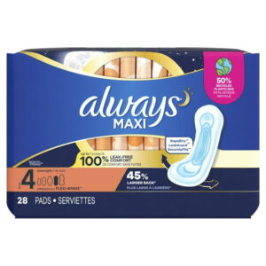Always Maxi Overnight Pads without Wings for Women, Size 4, Overnight Absorbency, Unscented, 28CT
