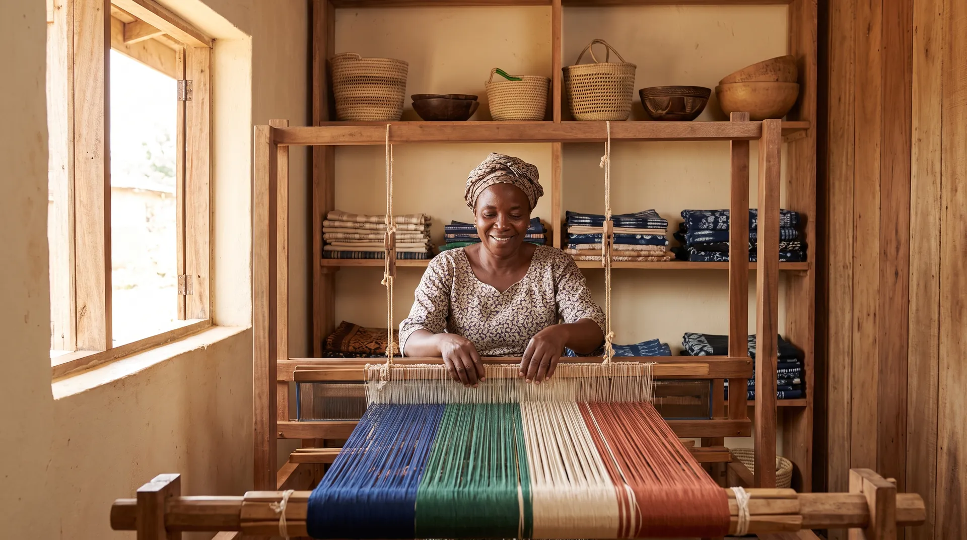 A Nigerian artisan smiling as she weaves colourful aso-oke cloth on a wooden loom in her workshop