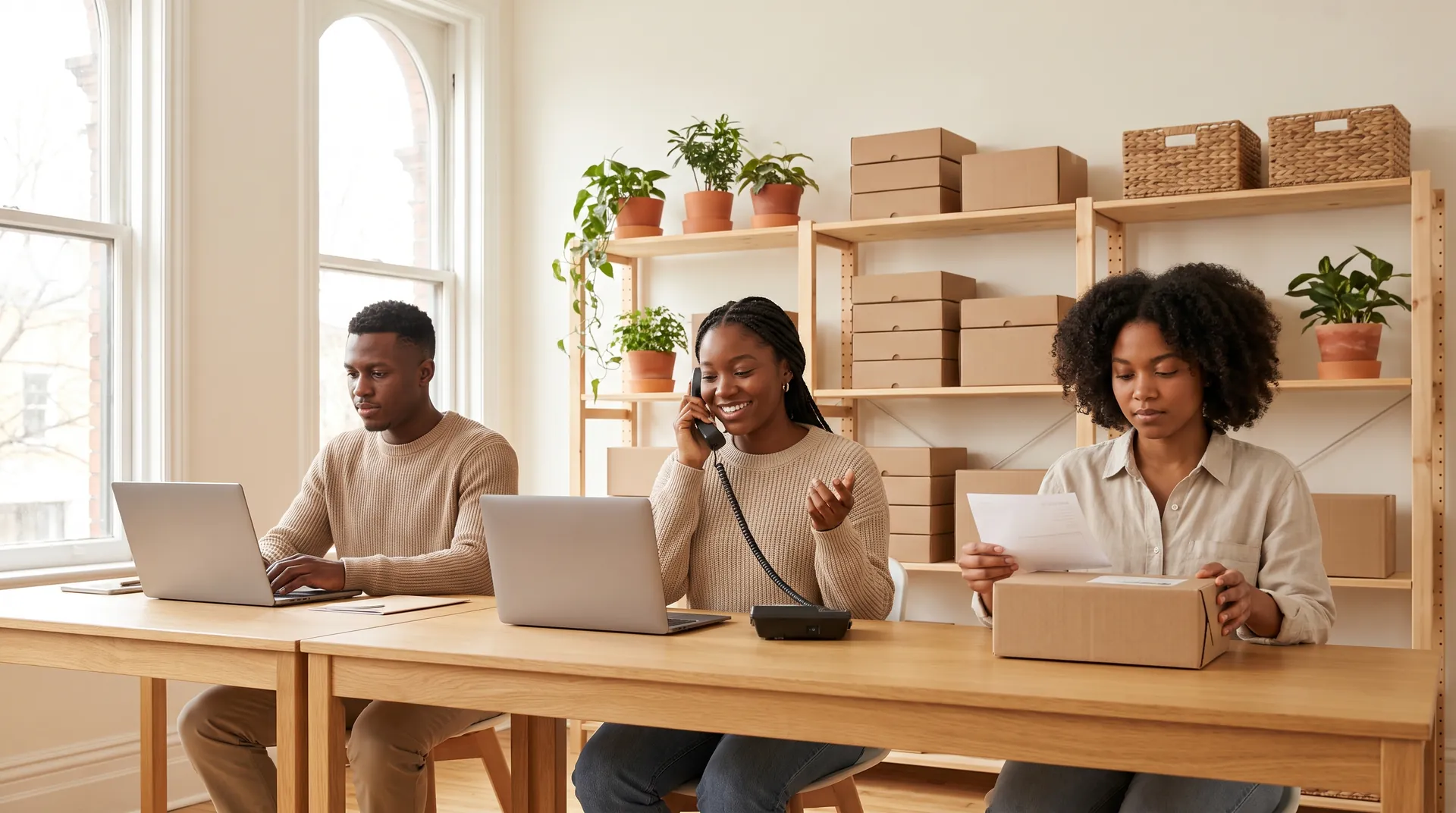 The One Dollar Shopper customer care team at work: one on the phone, one replying on a laptop, one checking a parcel