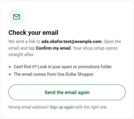 The Check your email screen after signing up