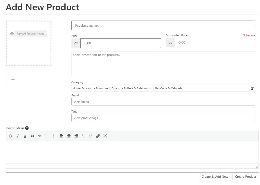 The Add New Product form