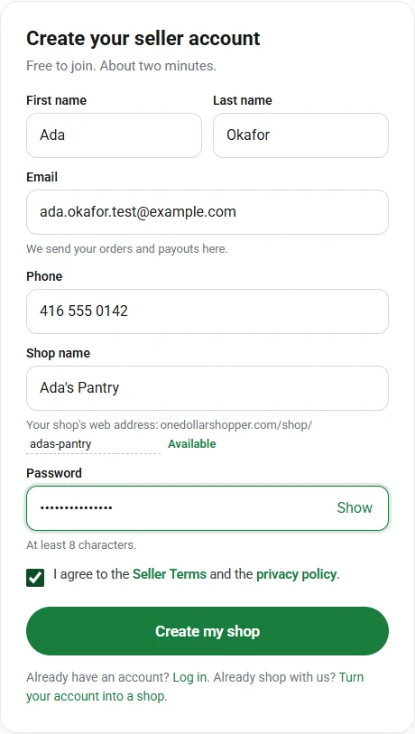 The seller sign-up form, filled in, with the Seller Terms box ticked