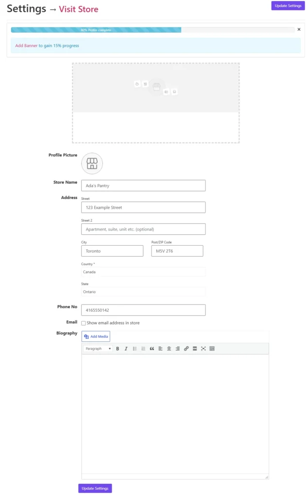 Store settings in the shop dashboard: profile picture, banner and address