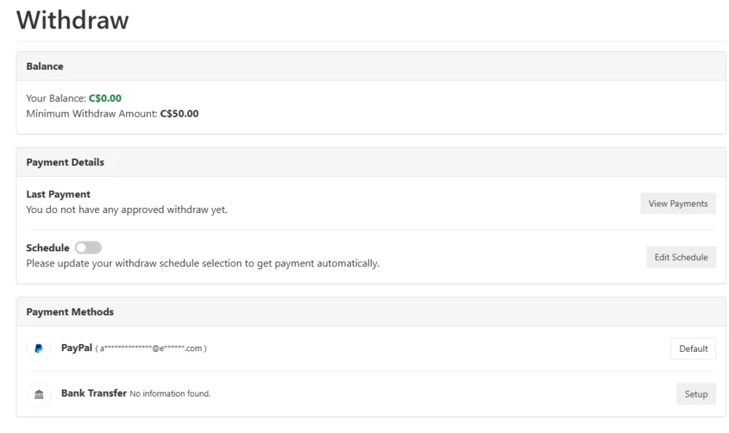 The Withdraw page: balance, minimum payout and payout methods