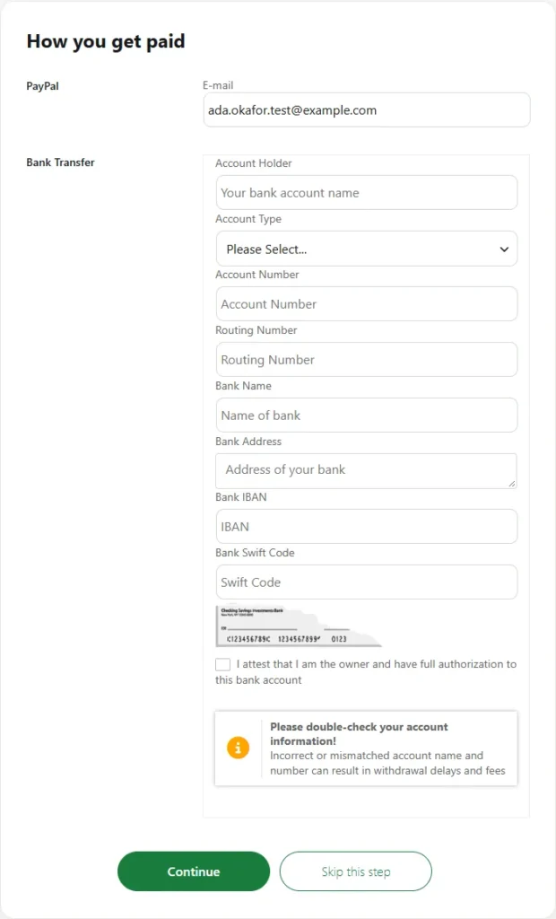 The payout step of the shop setup: PayPal or bank transfer