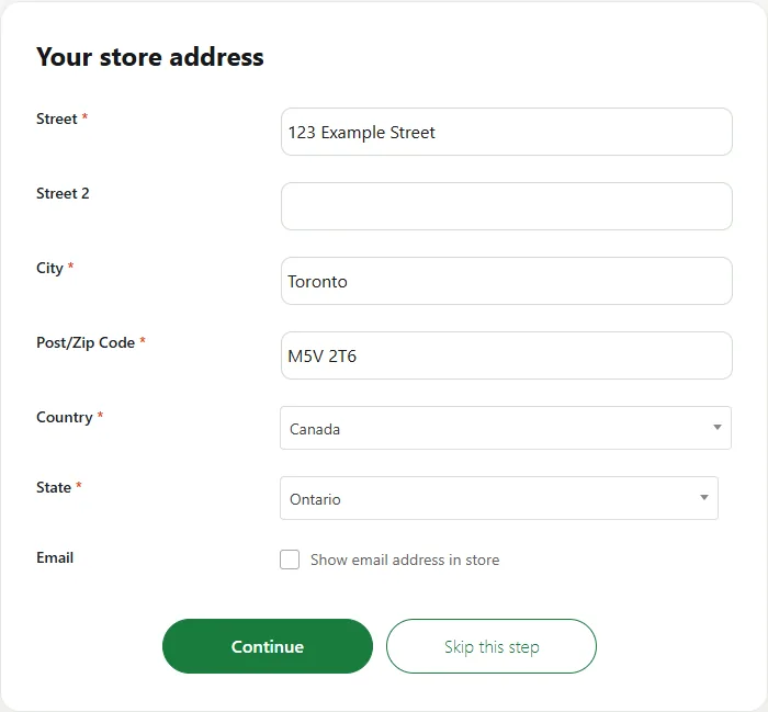 The store address step of the shop setup