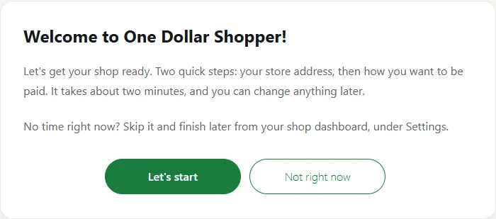 The welcome screen of the shop setup