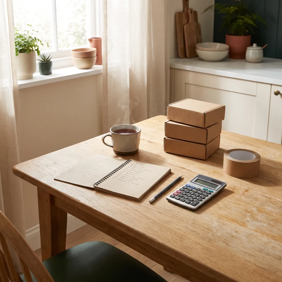 A kitchen table with a notebook of handwritten lists, a calculator and small shipping boxes