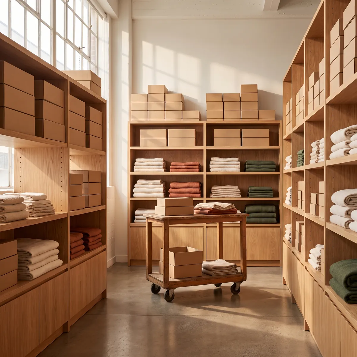 A bright storeroom with neat rows of boxes and folded textiles on wooden shelves