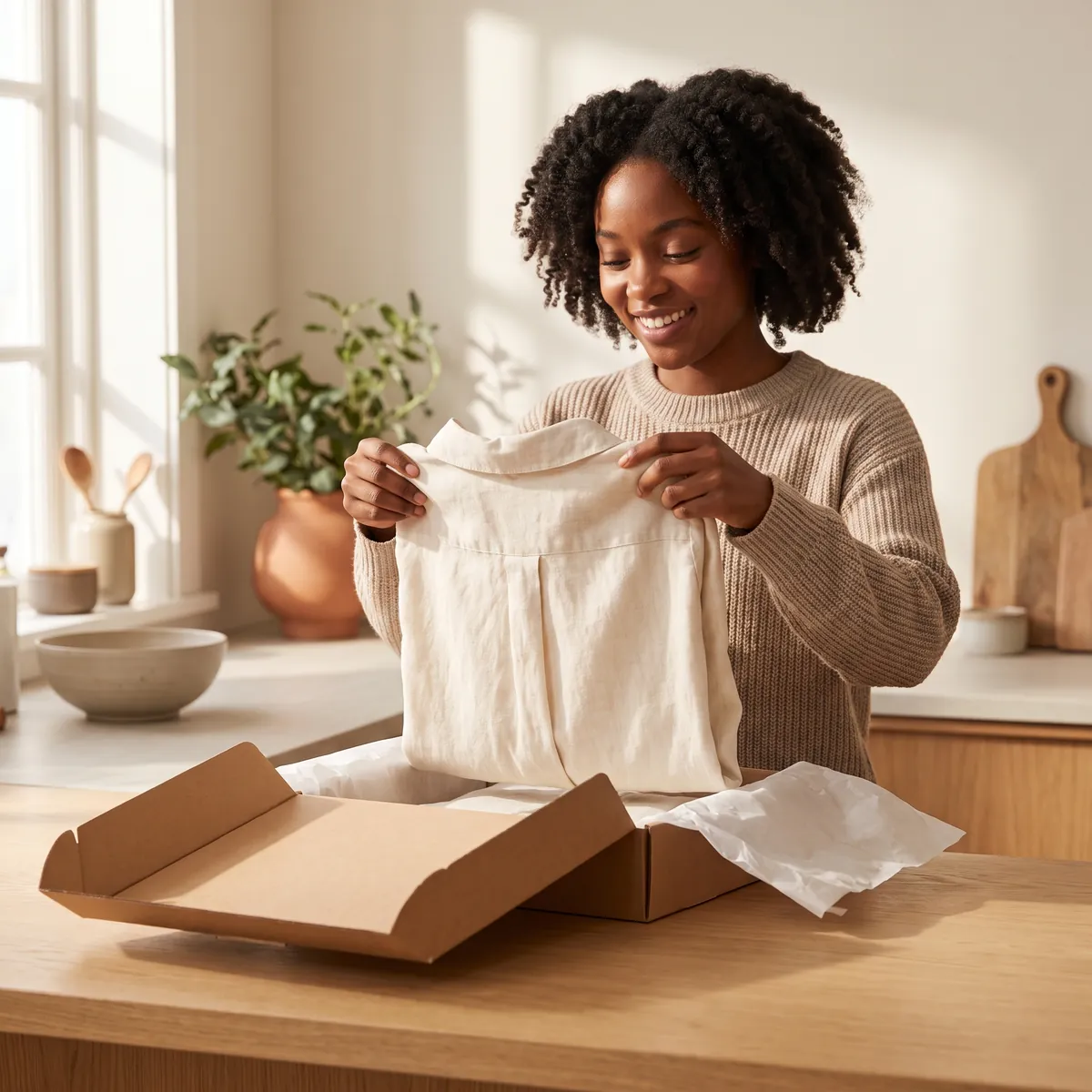 A smiling woman unboxing an order at her kitchen counter