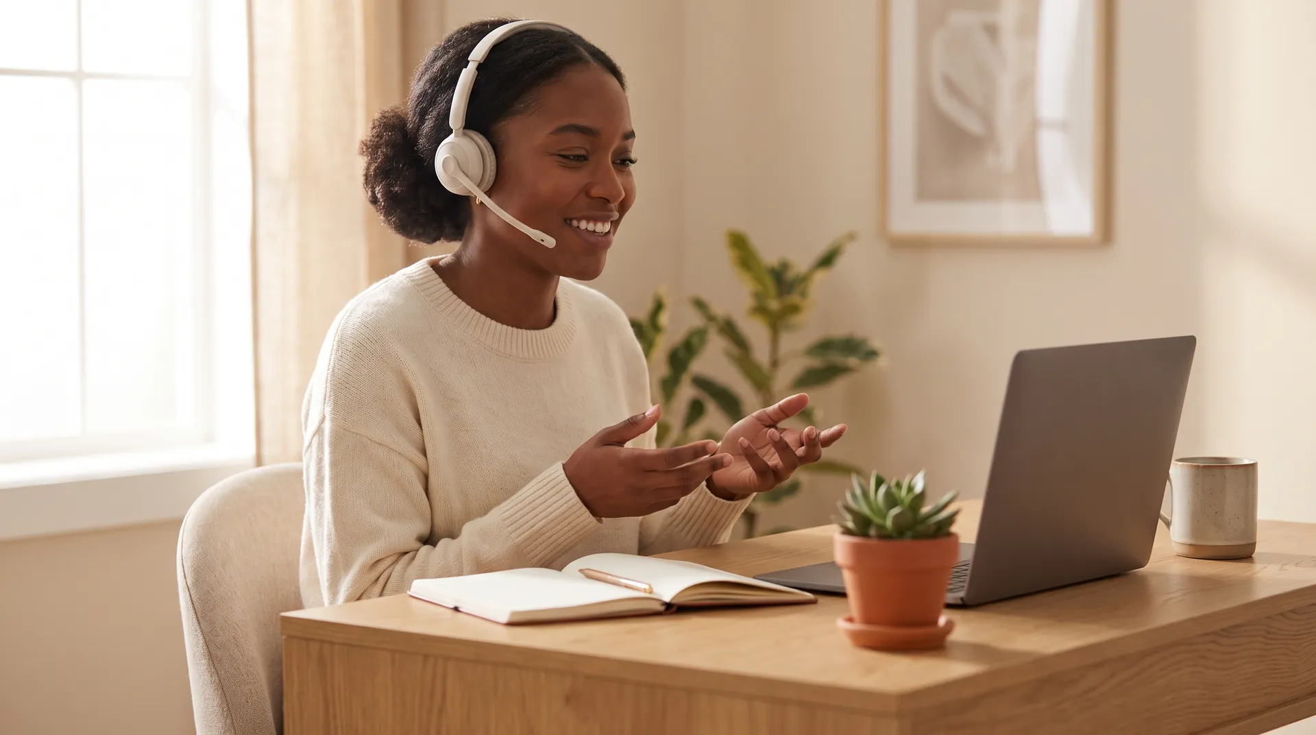A smiling customer support agent with a headset at her desk