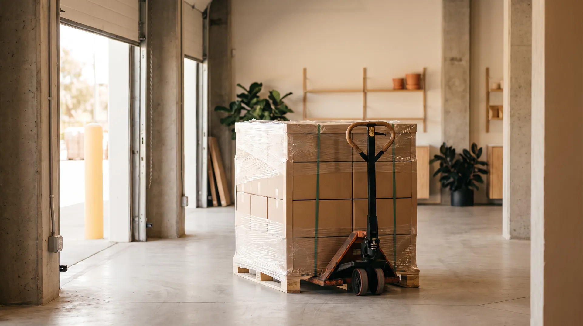 Stacked cartons on pallets in a warehouse bay