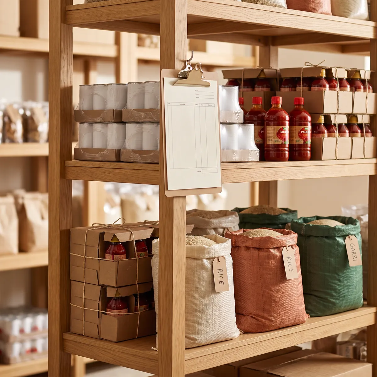 Bulk goods on a warehouse shelf: canned tomatoes, sacks of rice and garri, bottled palm oil